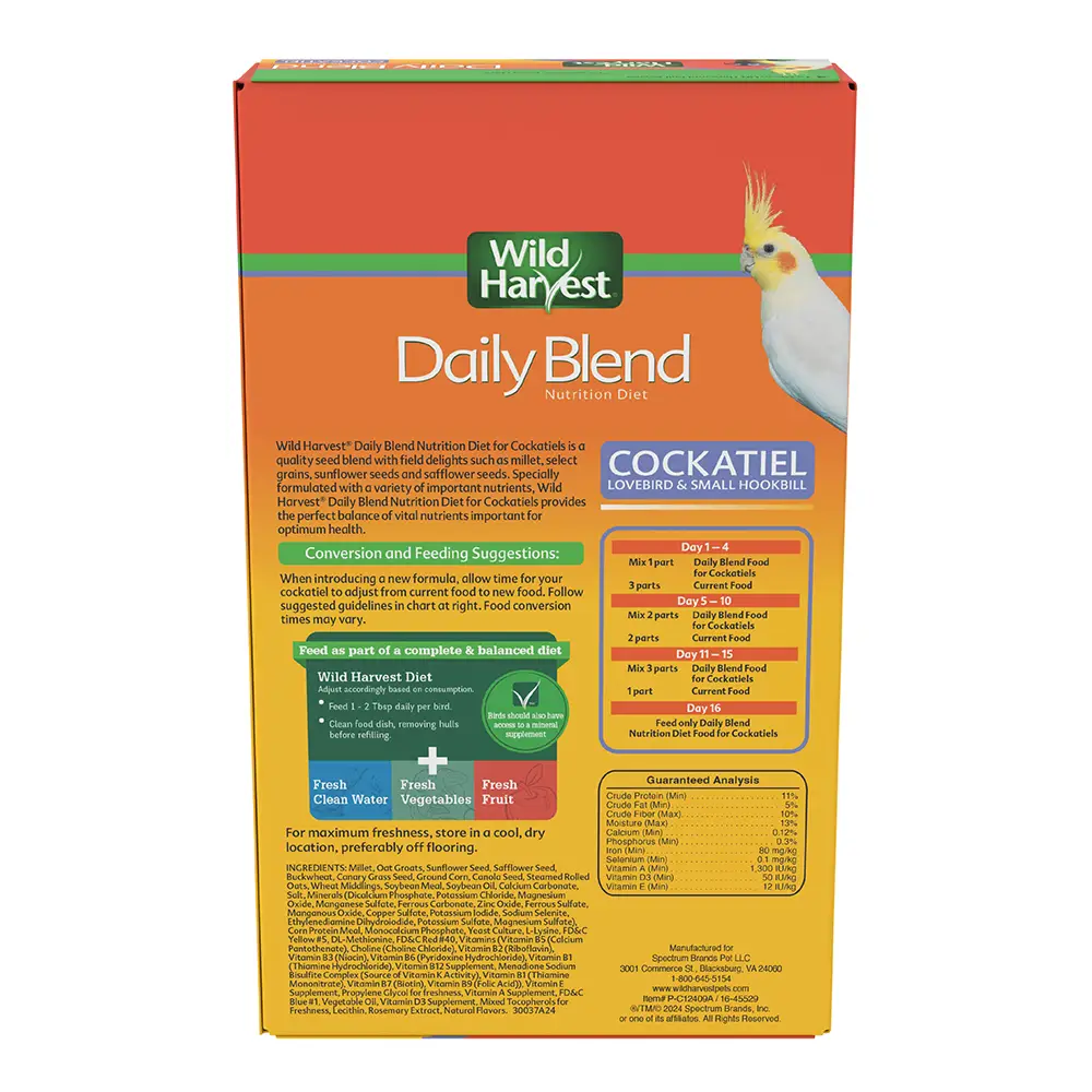 Daily Blend Nutrition Diet Cockatiel Lovebird and Small Hookbill, 2 Pounds - back of package