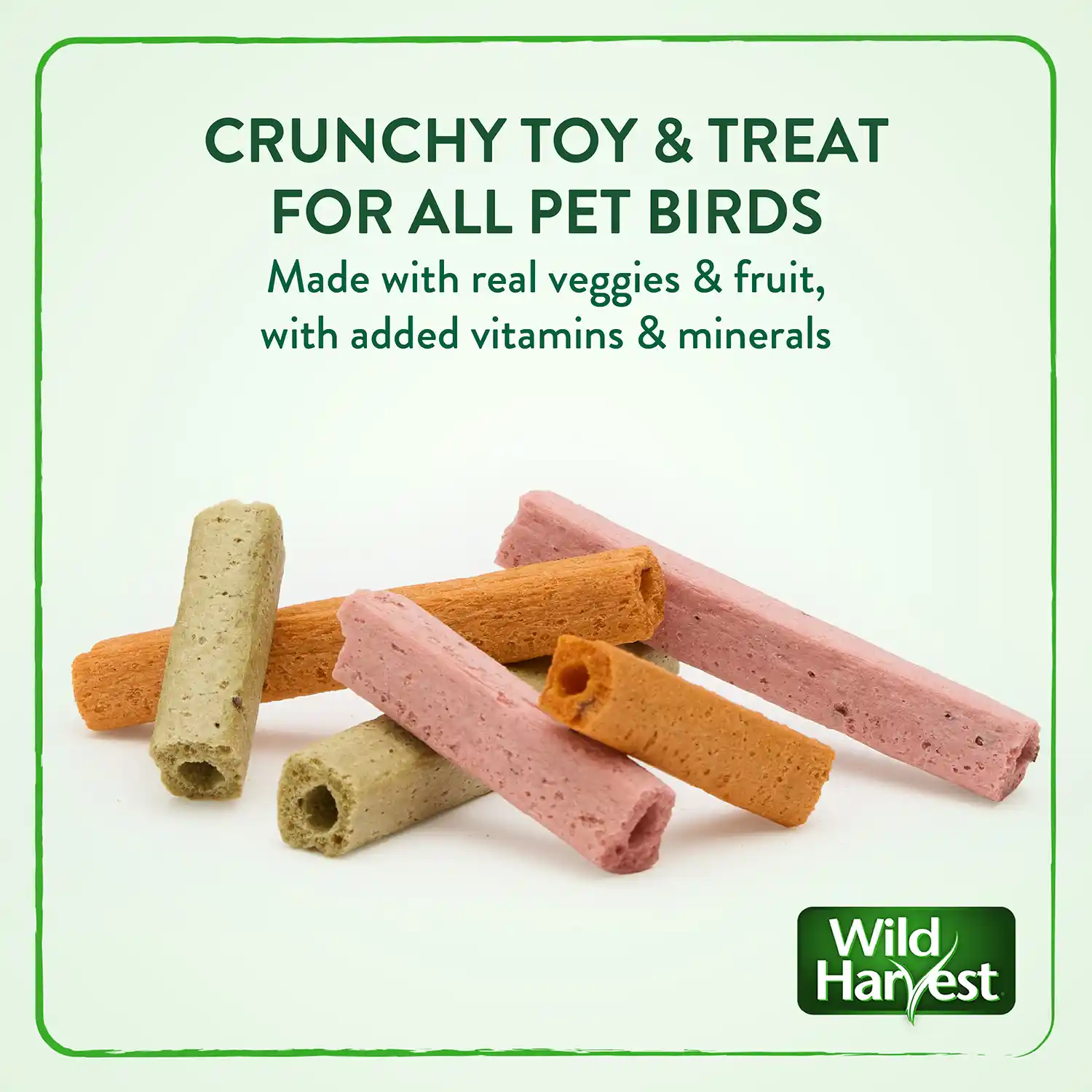 CRUNCHY TOY & TREAT FOR ALL PET BIRDS Made with real veggies & fruit, with added vitamins & minerals