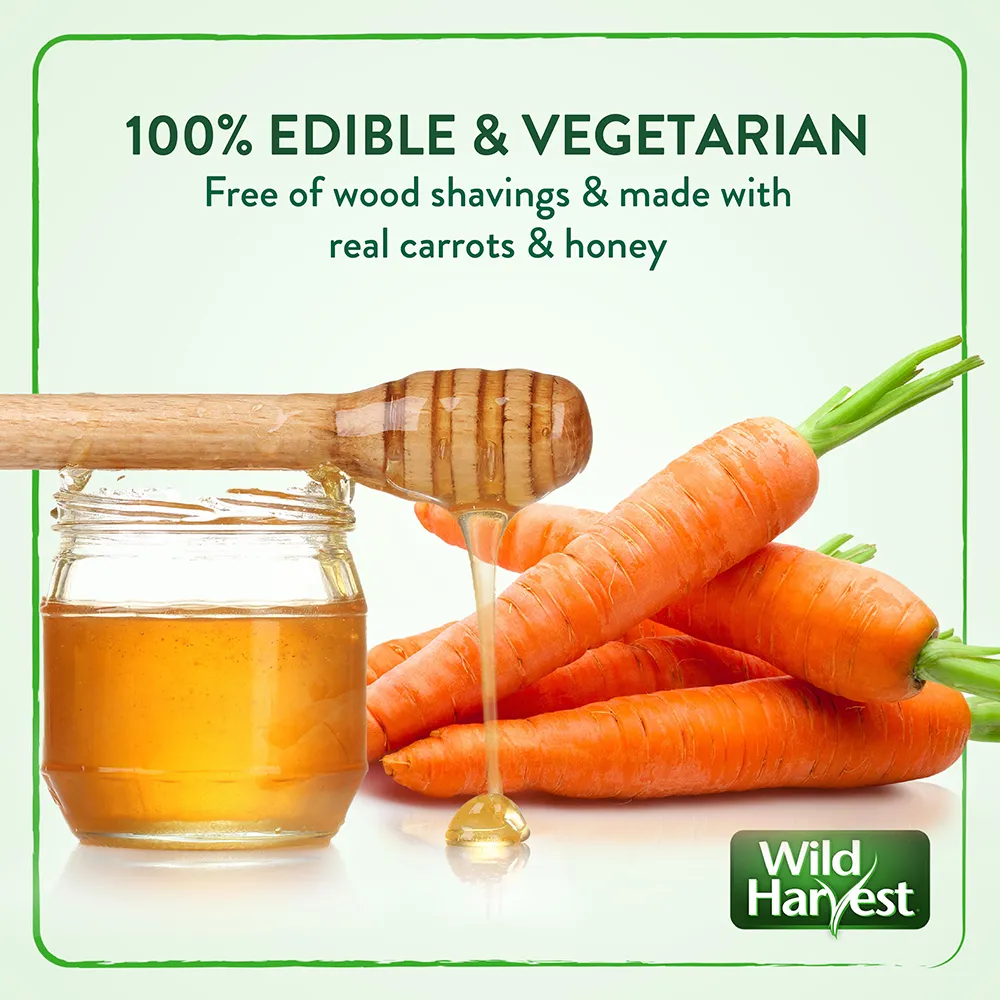 100% edible and vegetarian. Free of wood shavings and made with real carrots and honey