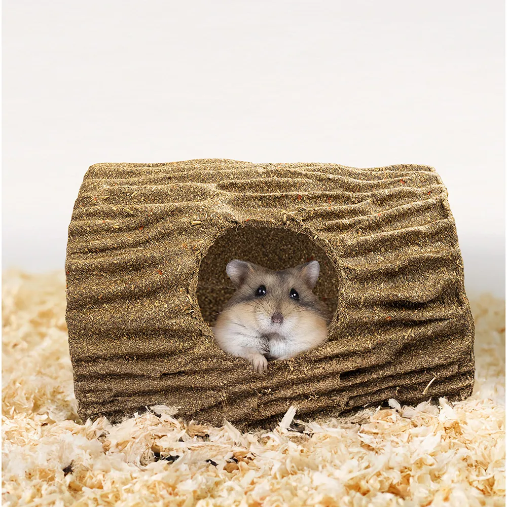 Image of small rodent inside the log shaped product looking out.