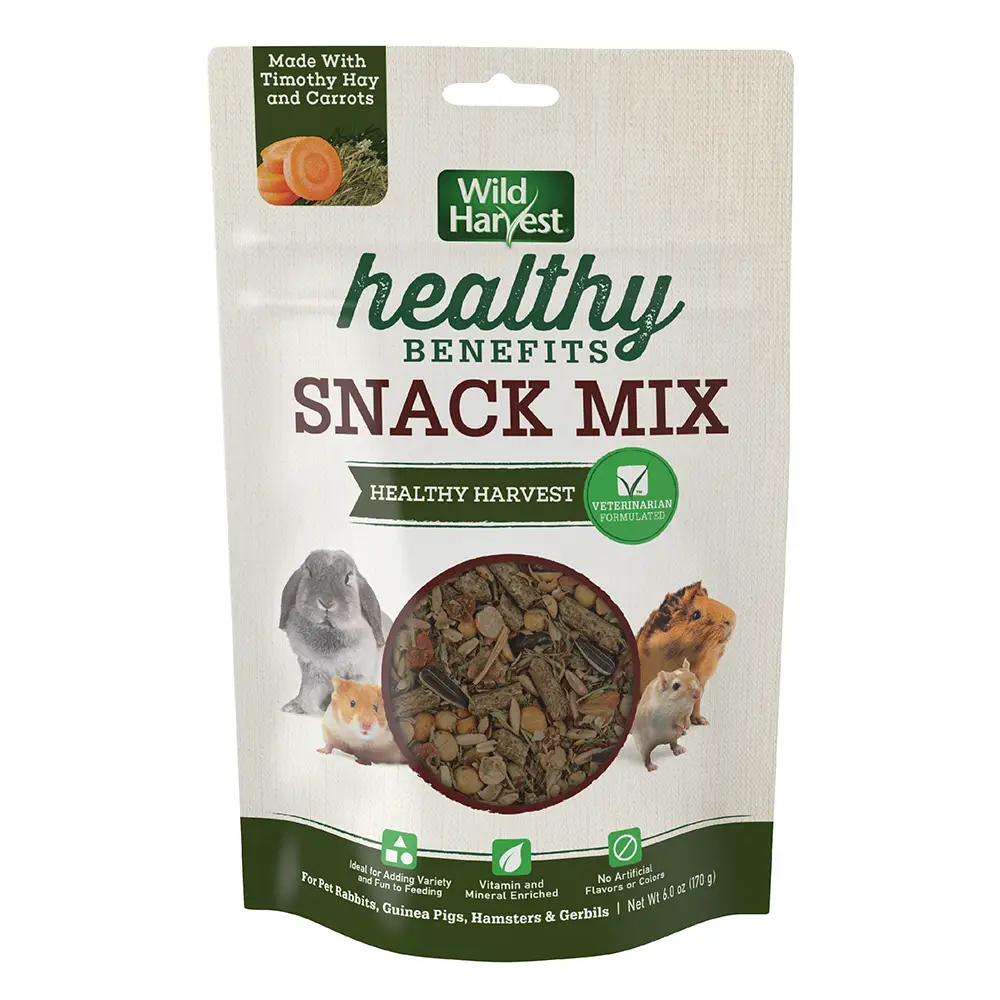 Wild Harvest Healthy Benefits Snack Mix Healthy Harvest, For Small Animals, Nutritious & Delicious Treat Made with Timothy Hay, Real Carrots & Real Veggies for Pet Rabbits, Guinea Pigs, Hamsters & Gerbils - front of package
