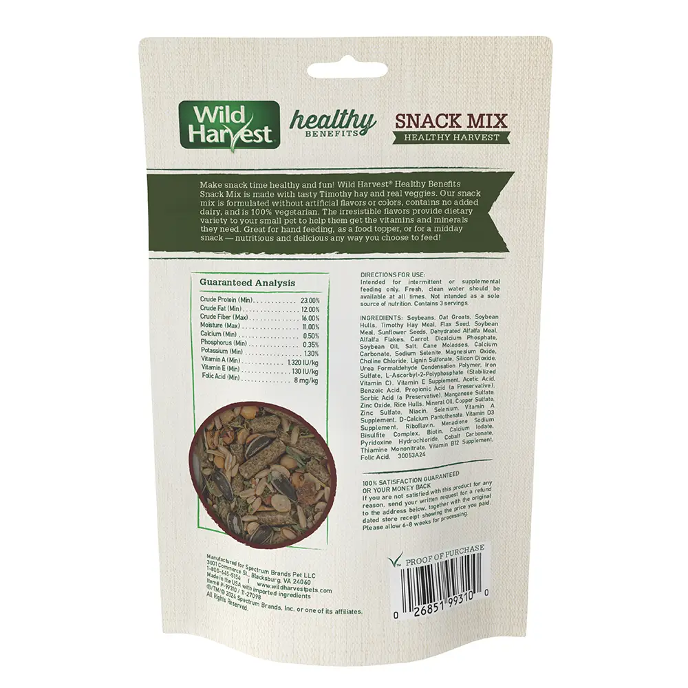 Wild Harvest Healthy Benefits Snack Mix Healthy Harvest, For Small Animals, Nutritious & Delicious Treat Made with Timothy Hay, Real Carrots & Real Veggies for Pet Rabbits, Guinea Pigs, Hamsters & Gerbils - back of package