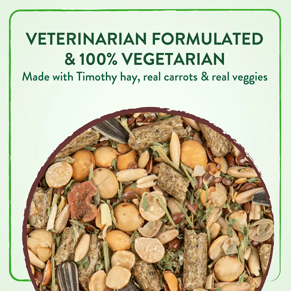 VETERINARIAN FORMULATED & 100% VEGETARIAN Made with Timothy hay, real carrots & real veggies