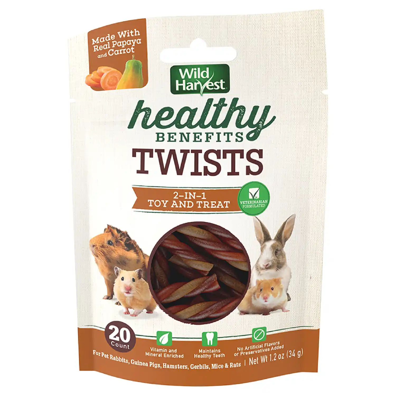Front packaging rendering for Wild Harvest Healthy Benefits Twists with Papaya and Carrot Treats