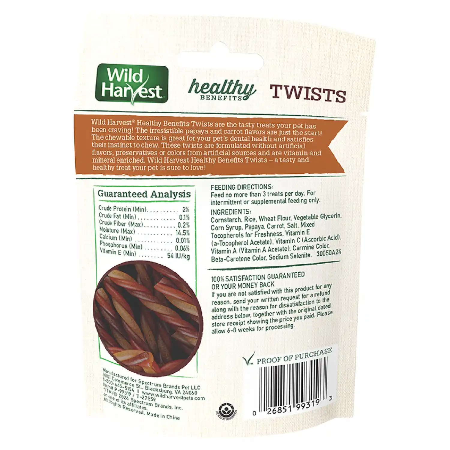 Back packaging rendering for Wild Harvest Healthy Benefits Twists with Papaya and Carrot Treats